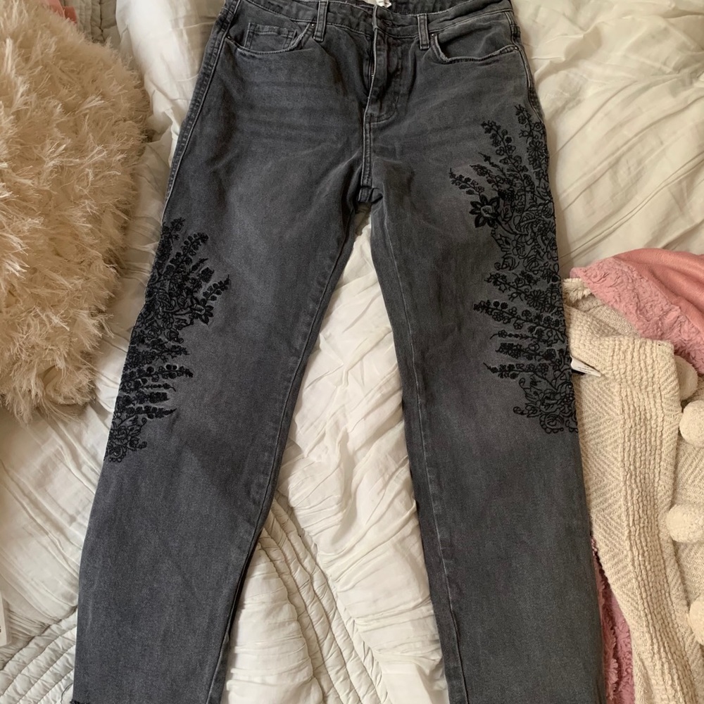 Free people black embroidered jeans high waisted